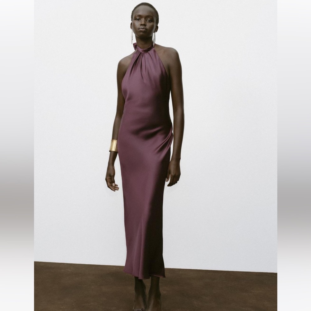 Zara NWT Elegant Halter Satin Maxi Dress in Rich burgundy size M - Picture 10 of 10